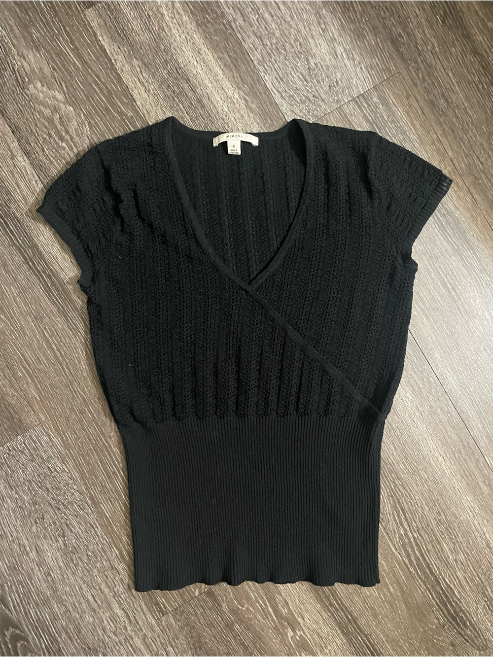 Merona Black Knit Short Sleeve Wrap Top